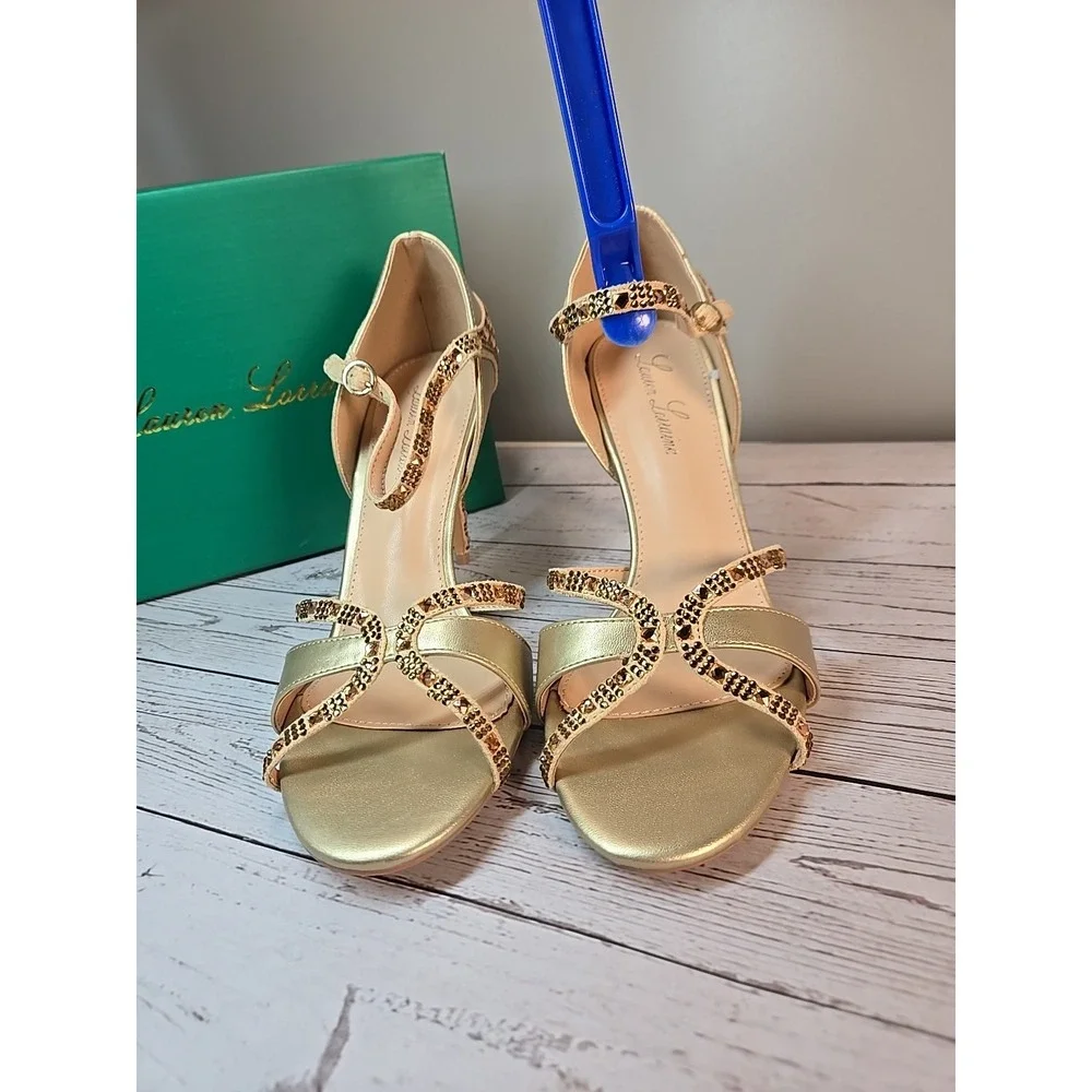 Lauren Lorraine Daisey Gold Rhinestone Heels Evening Party Holiday Sparkle Sz 11